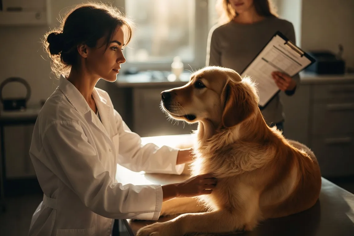 A veterinarian examines a young golden retriever while the owner holds insurance paperwork