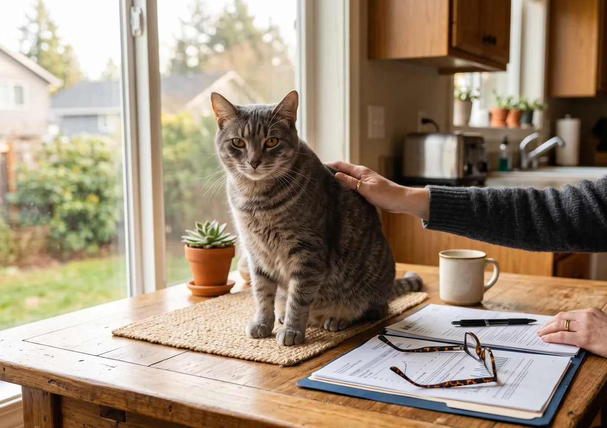 A tabby cat sits beside an open folder of insurance paperwork with its owner's hand on its back