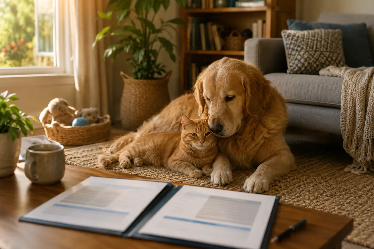 A golden retriever and an orange cat rest on a rug near a coffee table with a comparison folder
